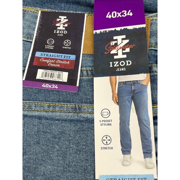 IZOD Saltwater Men's Stretch Straight Fit Comfort Blue Jeans Size 40x34 NWT - Picture 3 of 3